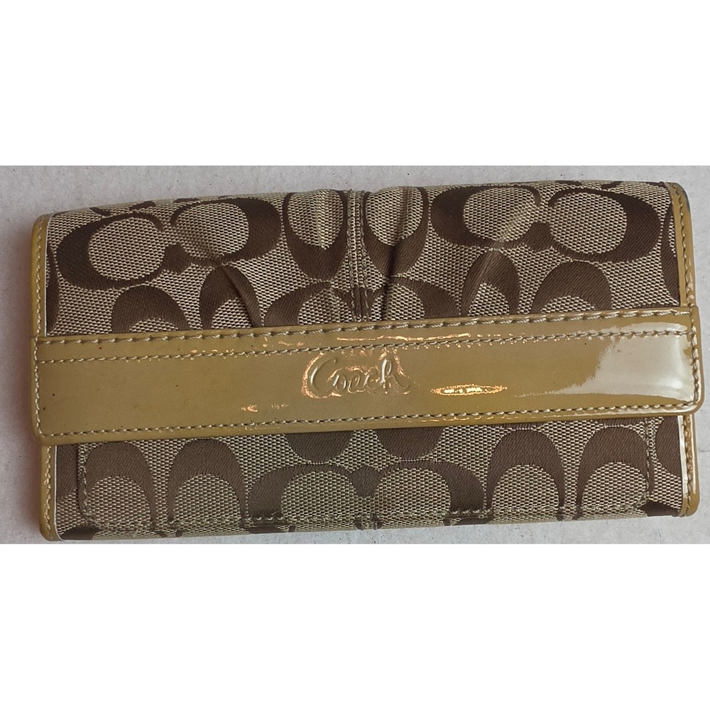 Coach Signature Slim Envelope Wallet Khaki Tan Jacquard Patent Leather Trim